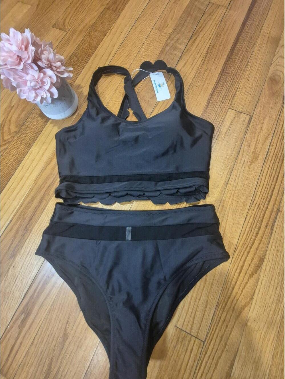 Black Scalloped Bikini Set High Waisted Med Sheer Hem Beach, Coastal, Classic